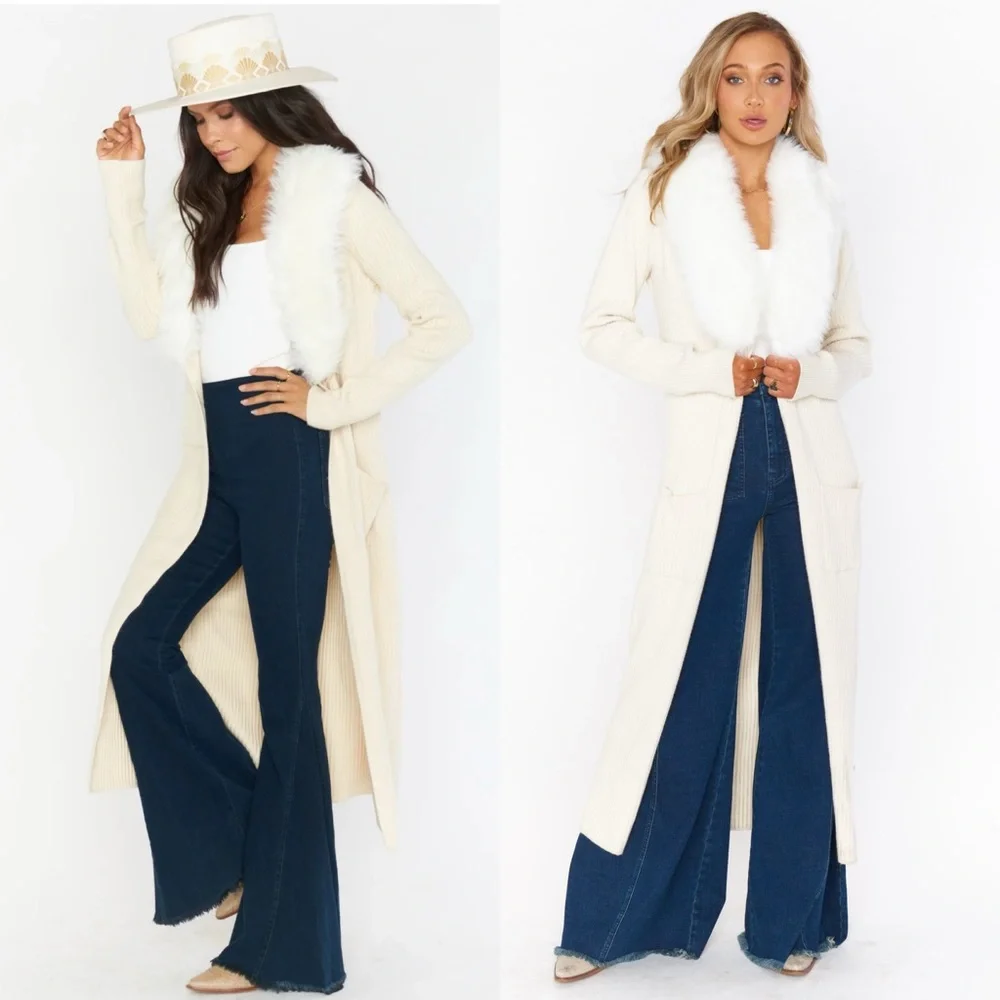 Show Me Your MuMu Cream Faux-Fur Collar Long Cardigan - Picture 1 of 13